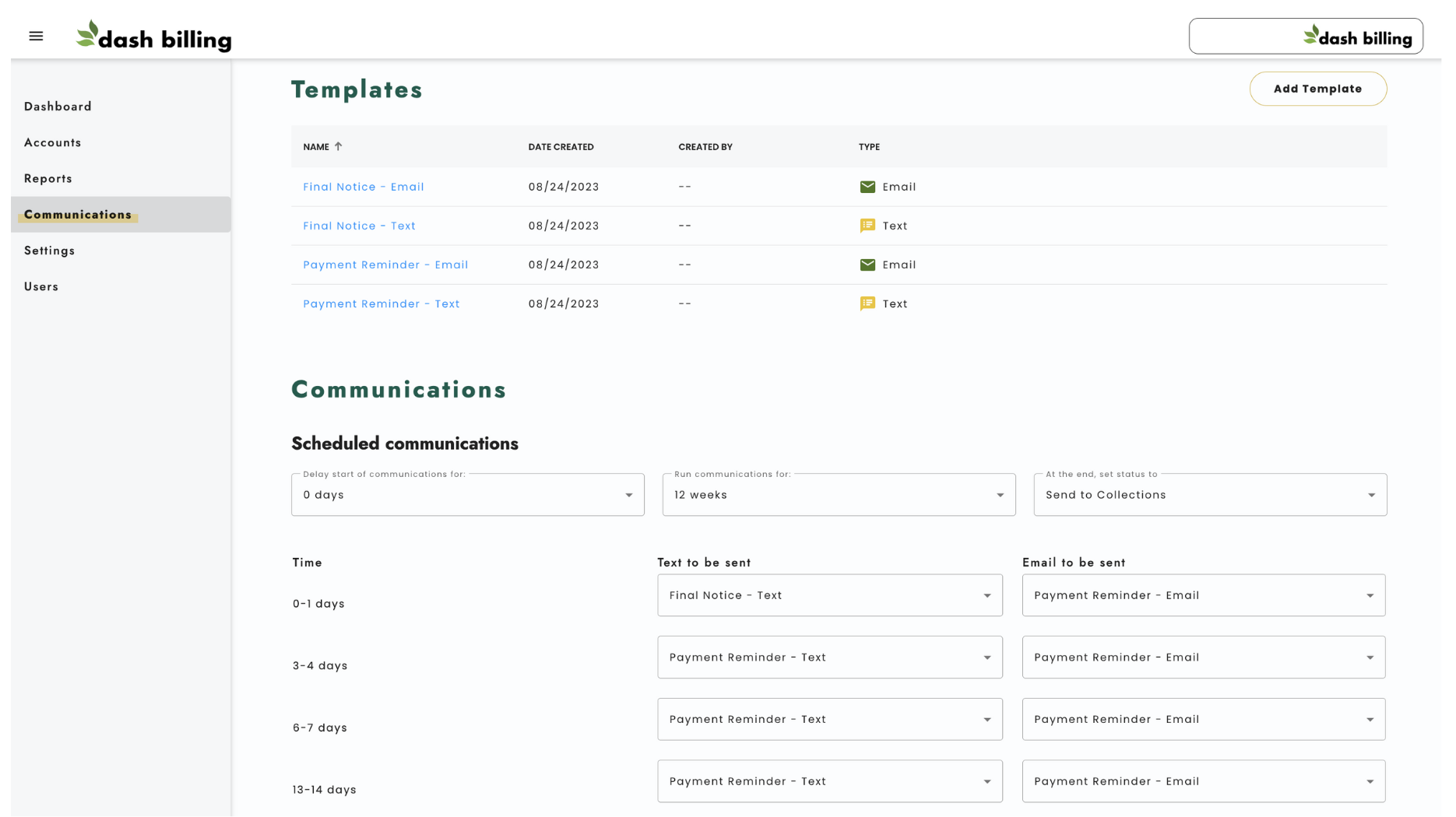 screenshot of Dash Billing